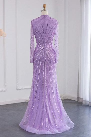 Elegante Abendkleider im Meerjungfrau-Stil mit Stehkragen und langen Ärmeln, Perlenstickerei und Kristallschärpe_7