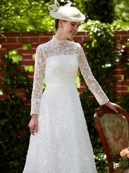 Illusion A-Line Wedding Dress Floral Lace Long Sleeve Bridal Gowns Court Train_10