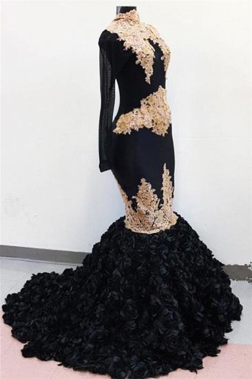 2022 Gold Lace Black Prom Dresses on Mannequins | Sexy Mermaid Flowers Bottom Graduation Dress_1