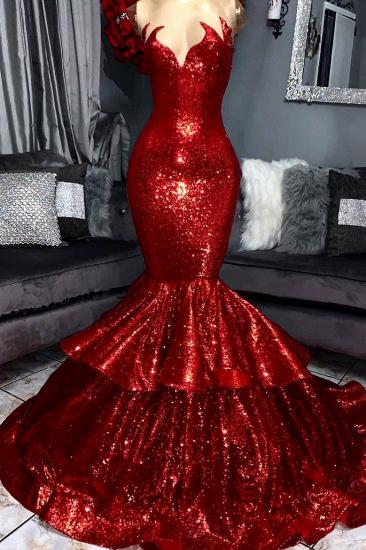 Sparkling Sequins Mermaid Tiered Sleeveless Sexy Cheap Red Prom Dresses on Mannequins_2