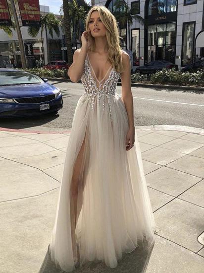 Boho A-Line Tulle Wedding Dress Sexy Slit V-Neck Bedaings Bridal Gowns On Sale