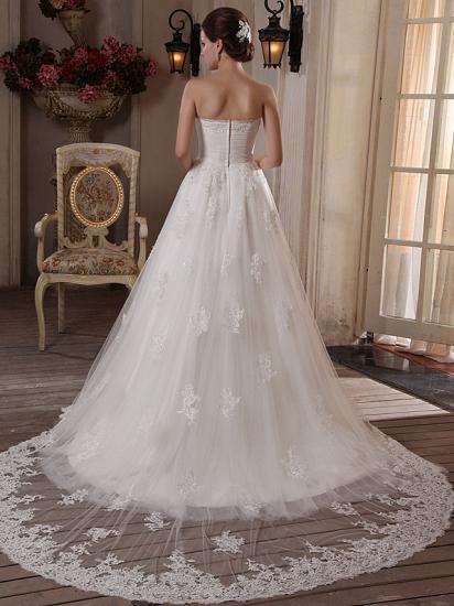 Princess A-Line Strapless Wedding Dress Scalloped-Edge Satin Tulle Sleeveless Bridal Gowns with Chapel Train_3