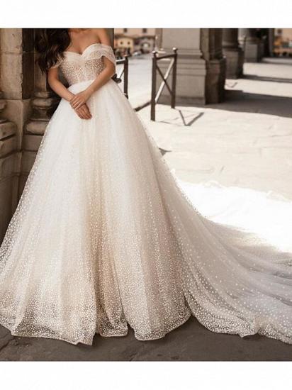 Country Plus Size Ball Gown Off Shoulder Wedding Dress Tulle Short Sleeve Bridal Gowns with Chapel Train_2