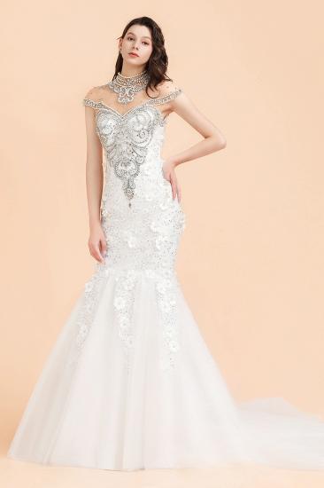Sparkle High neck Mermaid Silver Beaded White Wedding Dress_1