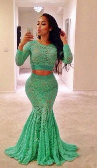 Sexy Green Two Pieces Lace Evening Dress Long Sleeve Mermaid Long Formal Special Occasion Dresses