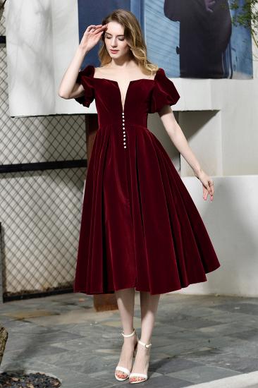Arick | Unique Burgundy Bubble Sleeve V-neck Velvet Short Prom Dress_6