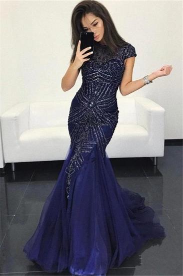 Sexy Mermaid Dark Navy Prom Dresses | Elegant Crystal Cap-Sleeves Evening Dresses