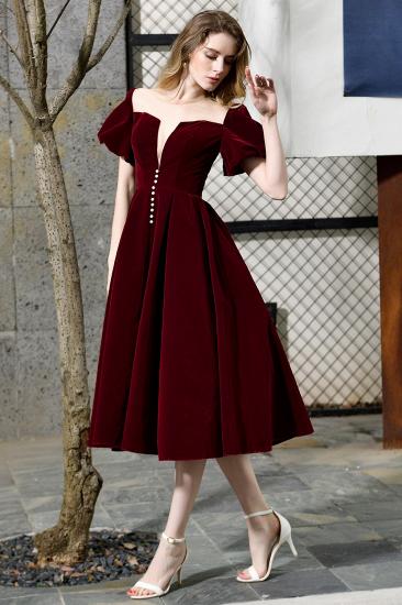 Arick | Unique Burgundy Bubble Sleeve V-neck Velvet Short Prom Dress_3
