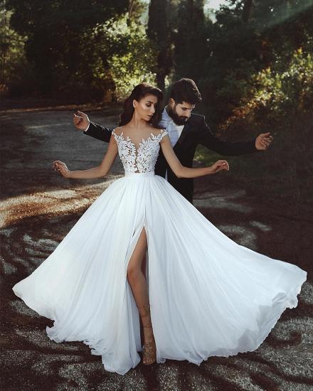 Lace Appliques Chiffon Wedding Dresses Sexy | Front Slit sheer Bride Dress_2