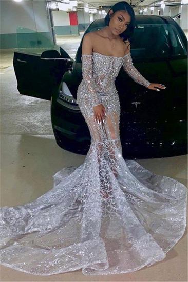 Shiny Silver Off-the-shoulder Long Sleeves Appliques Court Train Mermaid Prom Dresses_1
