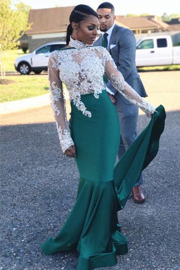 2022 Halter Backless Long Sleeve Prom Dress Lace Appliques Mermaid Dark Green Evening Gown_1