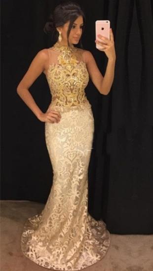 High Neck Sleeveless Champagne and Gold Lace Prom Dress   Mermaid Sexy Evening Gown_2