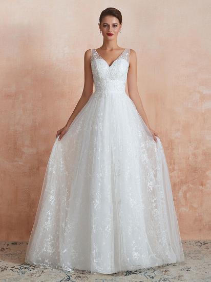 White Sleeveless V Neck Tulle Lace A-Line Wedding Dresses_3
