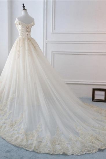 TsClothzone Wunderschönes ärmelloses Tüll-Hochzeitskleid mit V-Ausschnitt, Champagner-Applikationen, Brautkleider online_5
