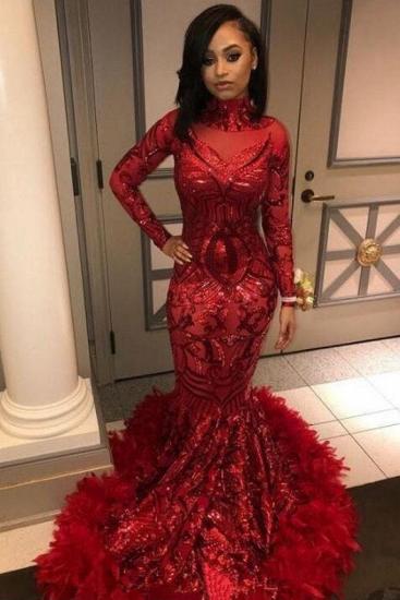 Red Mermaid Sequins Long Sleeves High Neck Prom Dresses_3