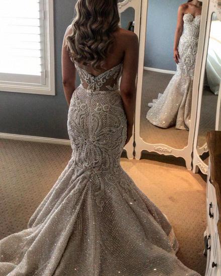 Gorgeous Strapless Mermaid Wedding Dress Sweetheart Tulle Lace Overskirt Bridal Gowns with Beadings_2