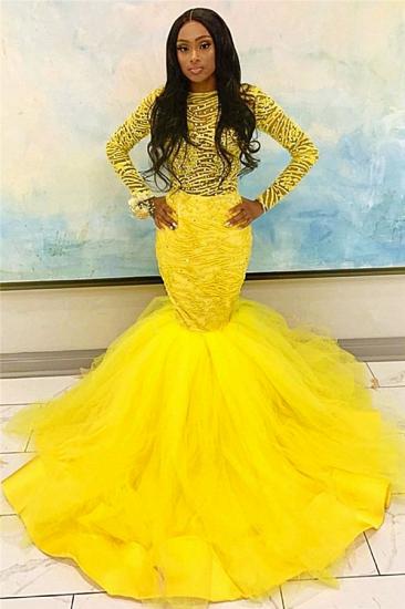 Long Sleeve Yellow Prom Dresses Cheap | Mermaid Tulle Long Evening Gowns with Beads_1