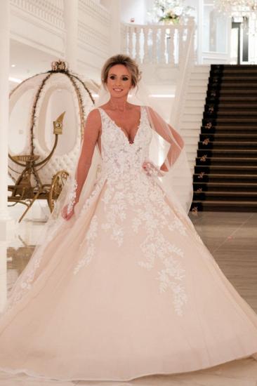 V neck Glitter Floral Lace Sleeveless Floor-Length Wedding dress
