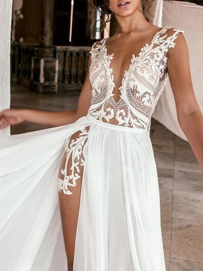 Beach  Boho A-Line Wedding Dress Plunging Neck Chiffon Lace Cap Sleeve Sexy See-Through Bridal Gowns with Sweep Train_3
