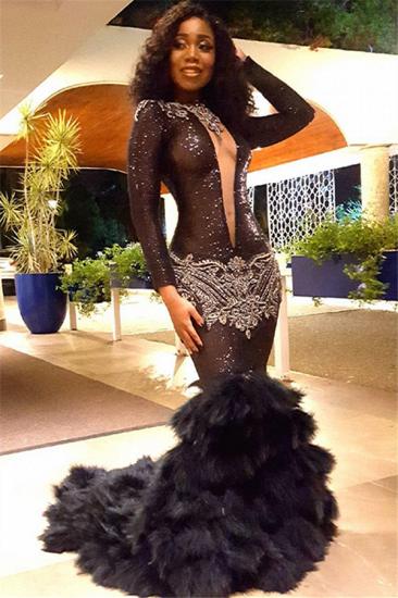 Schwarze Meerjungfrau mit langen Ärmeln tiefem V-Ausschnitt schiere Tüll Pelz Applique Prom Kleider