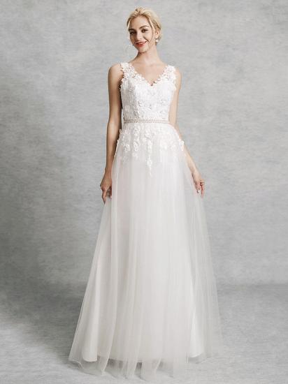 Romantic A-Line Wedding Dress V-Neck Lace Satin Tulle Straps Backless Bridal Gowns Illusion Detail with Court Train