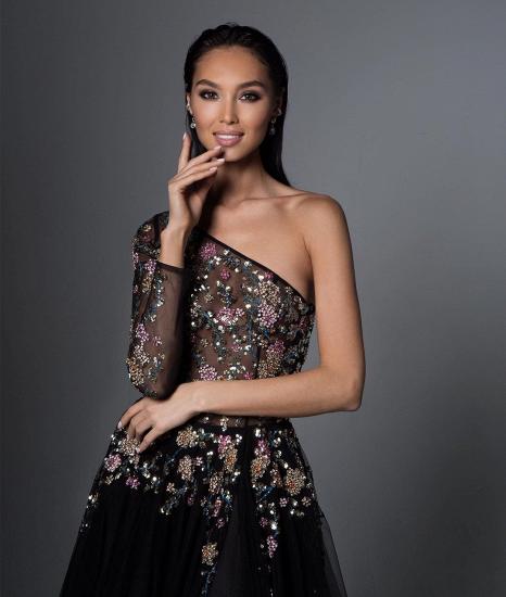 Stunning One Shoulder Black Floral Tulle Evening Dress_2