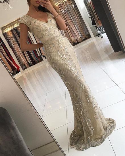 Elegant Champagne V-Neck Long Evening Dresses | 2022 Lace Crystal Mermaid Prom Dresses_1