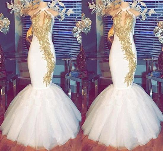 Halter Gold Beads Mermaid Prom Dresses | Sleeveless White Evening Gown With Appliques_5