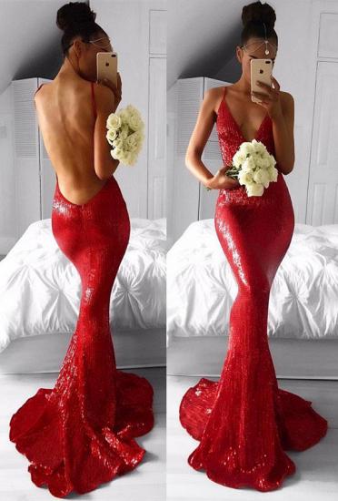 Sexy rote Meerjungfrau-Abschlussballkleider mit tiefem V-Ausschnitt 2022 rückenfreie Abendkleider mit Pailletten_1