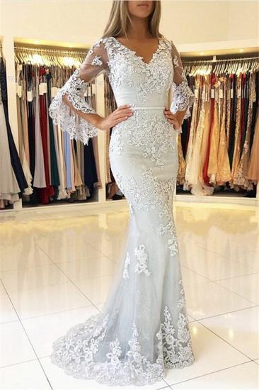 Classic V-Neck Bell Sleeves Prom Dresses | Lace Appliques Mermaid Evening Dresses_1