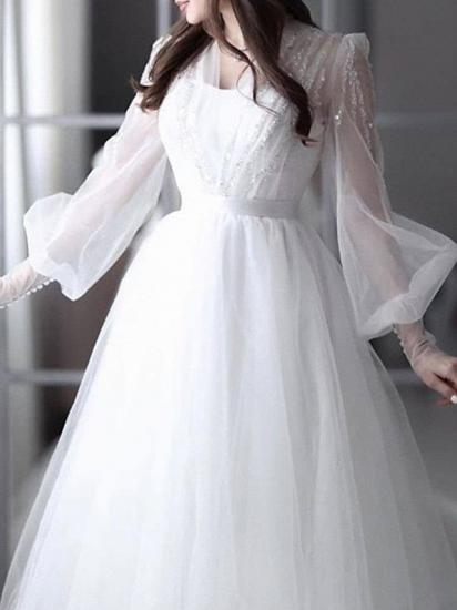 Sexy See-Through A-Line Wedding Dress V-neck Lace Tulle 3/4 Sleeve Bridal Gowns Backless with Sweep Train_3