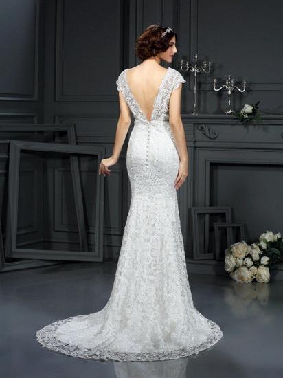 V-neck Mermaid Sleeveless Lace Long Wedding Dresses_3