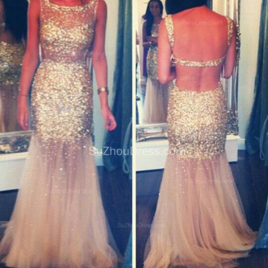 Gold Sequined 2022 Prom Dresses Straps Mermaid Sequins Backless See Through Evening Gowns_2
