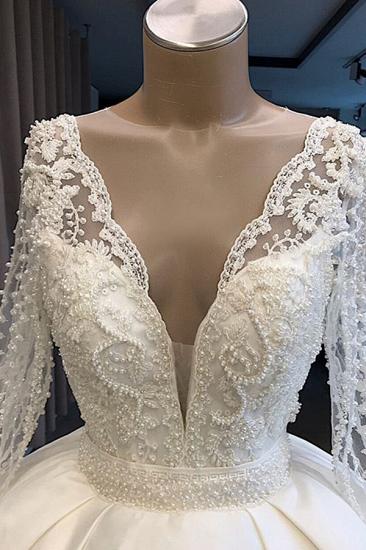 Long Sleeve Plunging V-neck Ball Gown Satin Wedding Dress with Pearl | Luxury Bridal Gowns for Sale_4