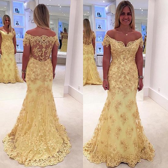Off The Shoulder Lace Appliques Prom Dresses 2022 Yellow Sheer Back Evening Gown_3