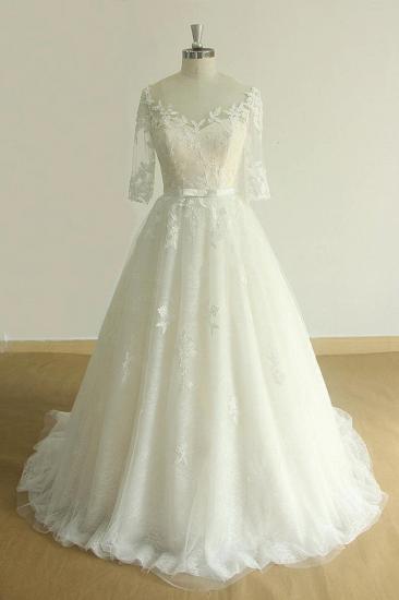 Einzigartiges Halbarm-Spitzen-Tüll-Hochzeitskleid | A-Linie Brautkleider mit weißen Applikationen