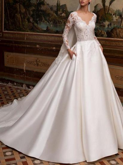Country A-Line Wedding Dress V-neck Lace Satin Long Sleeves Sexy Backless Bridal Gowns with Court Train