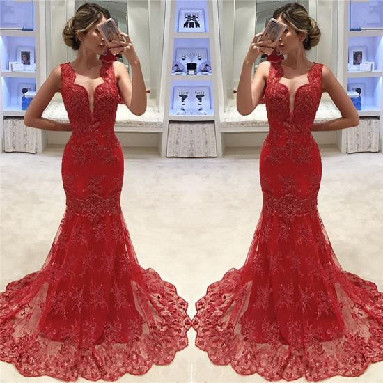 Ärmelloses Meerjungfrau-Spitzen-Abendkleid mit V-Ausschnitt Rot 2022 Sexy Ballkleider Günstige Online_3