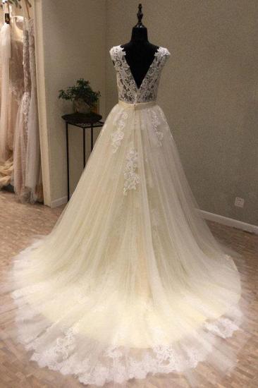 TsClothzone Chic Ivory Tulle Lace V-Neck Long Wedding Dress Cap Sleeve Ivory Bridal Gowns On Sale_3