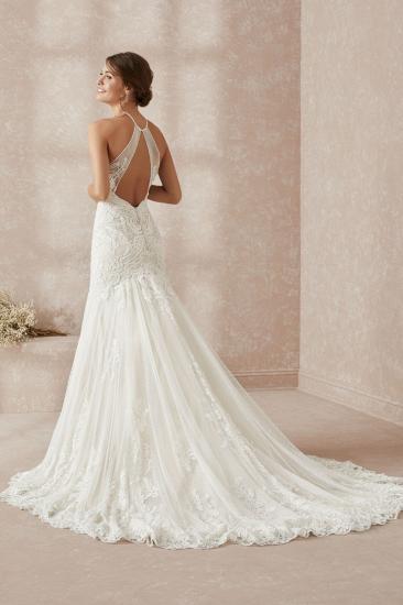 Elegantes weißes langes Hochzeitskleid mit Spitzenapplikationen_2