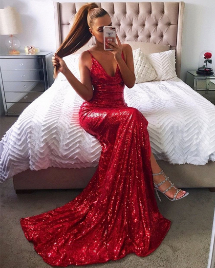 Sexy Red Sequin Prom Dresses | Halter Neck Backless High Slit Party Dresses_2