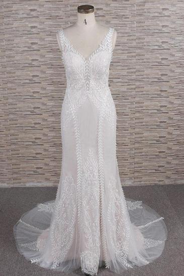 Elegante Träger A-Linie Spitzen-Hochzeitskleid | Weiße Meerjungfrau-Brautkleider mit V-Ausschnitt_1
