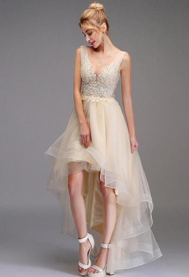 High-low Prom Dress A-line Sleeveless Double V-neck Princess Party Gown Lace Tulle Backless Dress_3