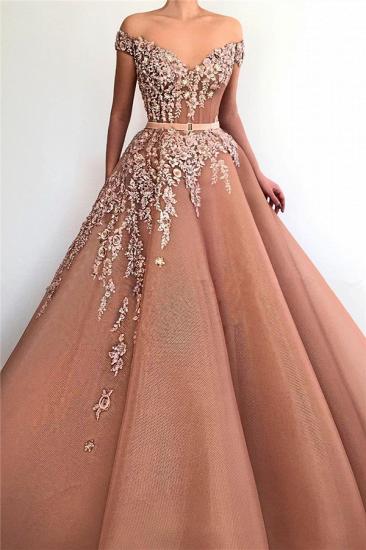 Unique Off the Shoulder Sweetheart Long Prom Dress | Chic Ball Gown Applqiues Sleeveless Affordable Prom Dress_1