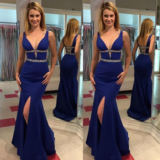 Royal Blue Plunging Neck Prom Dresses Empire Mermaid Open Back Evening Gowns_1