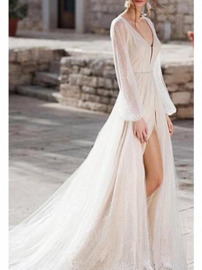 A-Line Wedding Dress V-Neck Tulle Long Sleeve Bridal Gowns Sweep Train