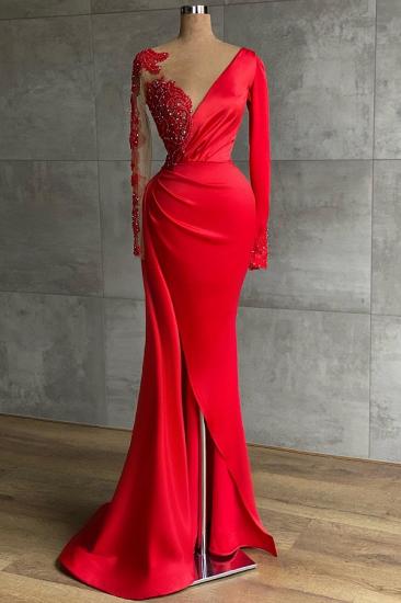 Charming Red Mermaid Prom Dress Side Slit with Lace Appliques_1