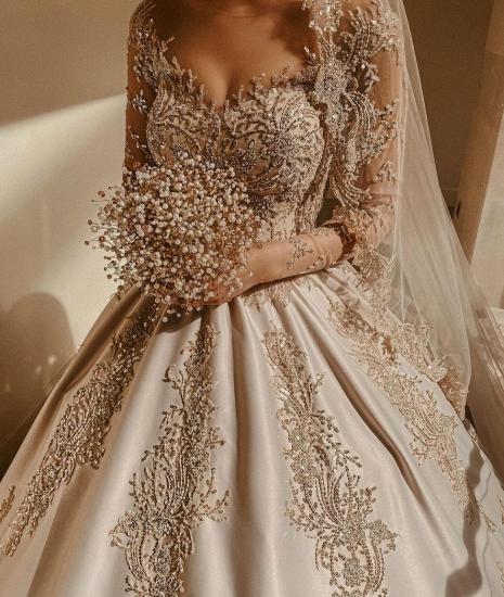 Gorgeous Long Sleeves V-neck Floral Appliques Princess Ball Gown_4