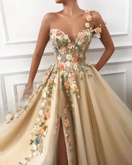 Stylish One Shoulder Strap Tulle Prom Dress | Sexy Sweetheart Front Slit Appliques Flowers Prom Dress_2