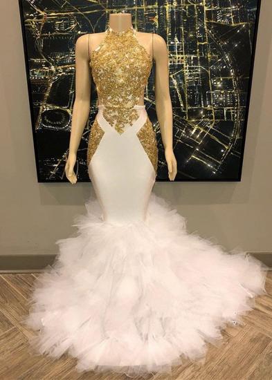 Ärmellose goldene Applikationen Tüll Button Mermaid Prom Dresses